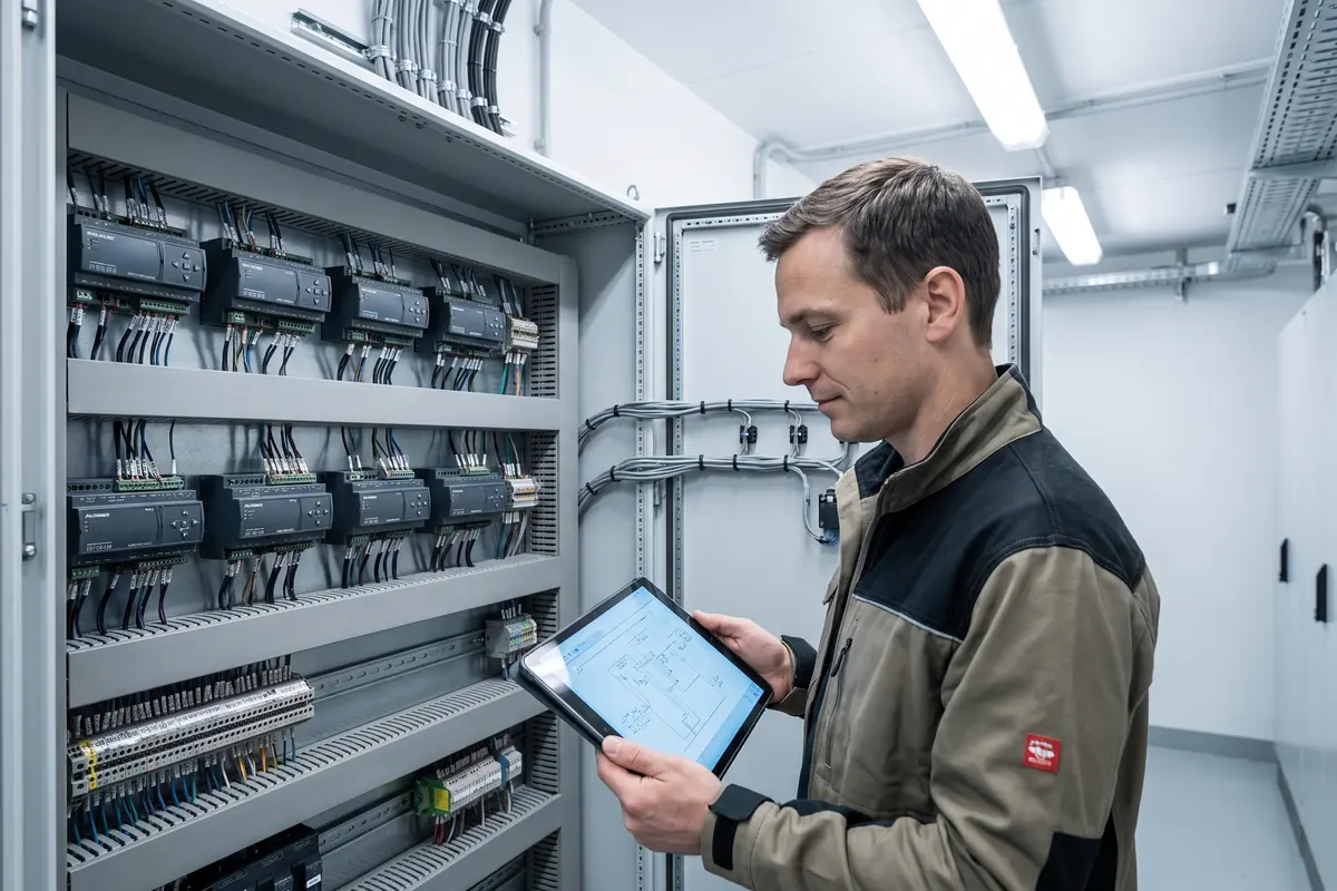 A controls technician at an open building automation panel with rows of labelled DDC controllers, neat wire looms and a tablet showing a schematic