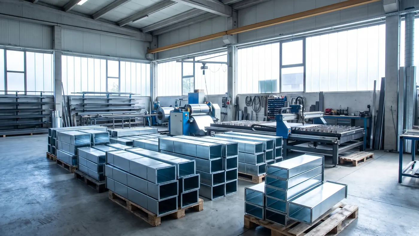 An HVAC sheet metal fabrication shop with a coil line, a plasma cutting table and freshly formed galvanized duct sections stacked in rows